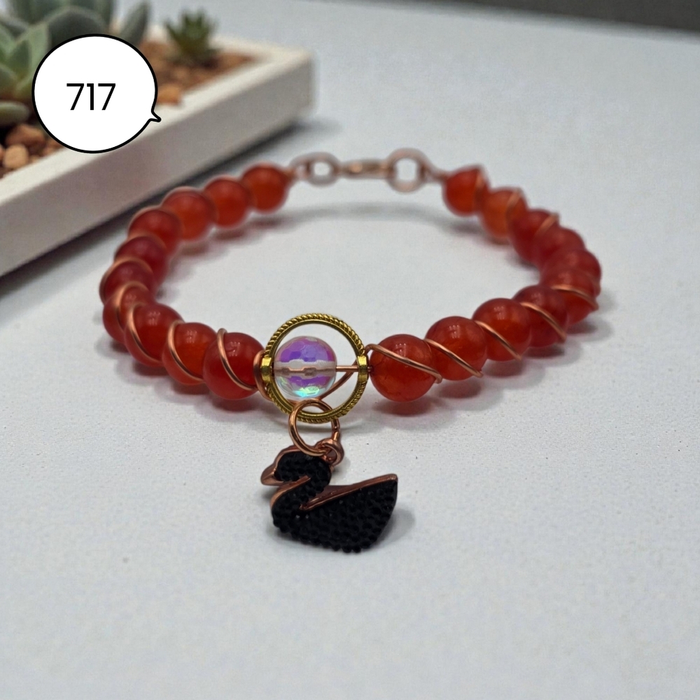 Handmade Carnelian Bead Bracelet with Swan Charm – Copper Wire Wrapped Jewelry